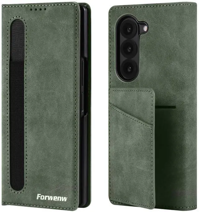 Main image of WERLEO Case for Samsung Galaxy Z Fold 6, Premium PU Leather Phone Cover with Card Holder, S Pen Holder, Stand, Shockproof Flip Wallet Cover Green