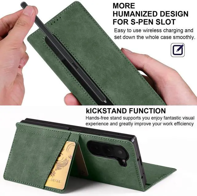 Alt view image 3 of 6 - WERLEO Case for Samsung Galaxy Z Fold 6, Premium PU Leather Phone Cover with Card Holder, S Pen Holder, Stand, Shockproof Flip Wallet Cover Green