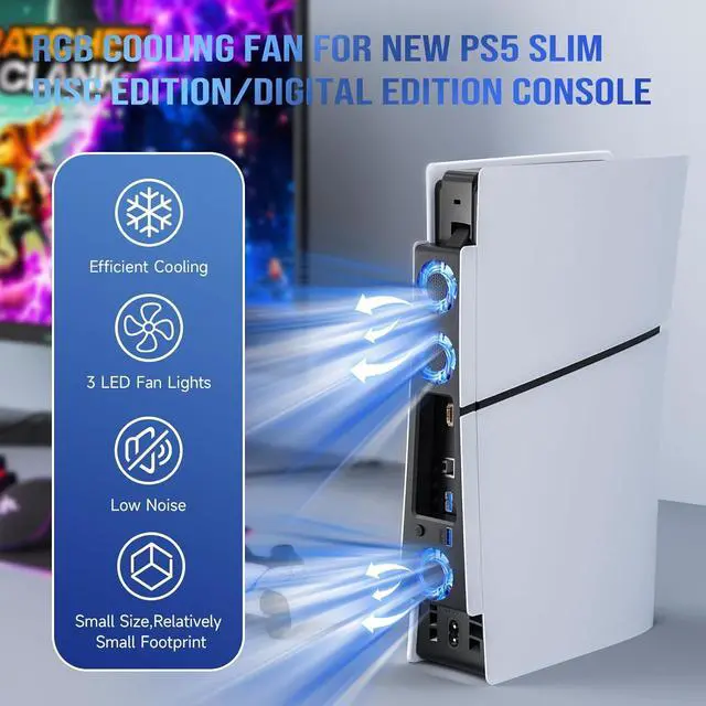 Alt view image 6 of 7 - WERLEO PS5 Slim Cooling Fan,Quiet Cooling System for PS5 Slim Digital/Discs Edition with 3 Fans/USB 3.0 Port,PS5 Slim Cooler Accessories with LED Light,Not for PS5 2020 and PS5 Pro