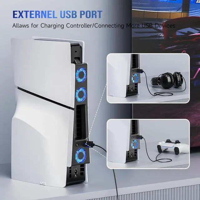 Alt view image 7 of 7 - WERLEO PS5 Slim Cooling Fan,Quiet Cooling System for PS5 Slim Digital/Discs Edition with 3 Fans/USB 3.0 Port,PS5 Slim Cooler Accessories with LED Light,Not for PS5 2020 and PS5 Pro