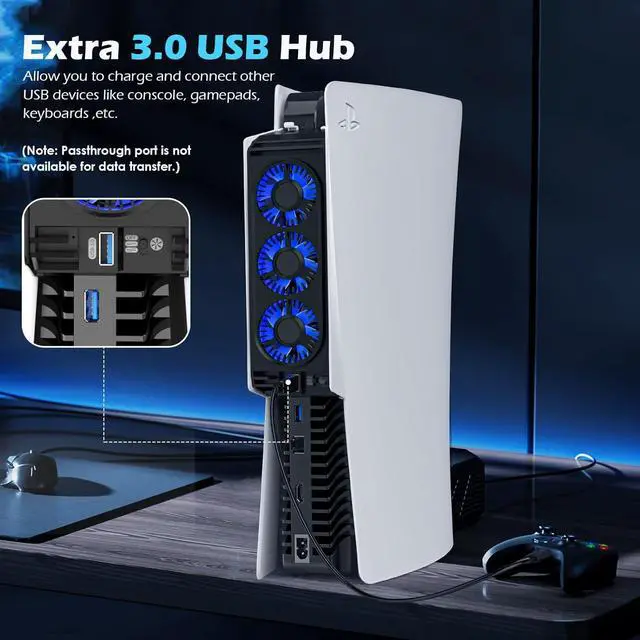 Alt view image 4 of 7 - WERLEO Cooling Fan for PS5 Accessories with 3 Blue LED Light/ 2 USB 3.0 Ports / 2 Fan Speed,Compatible with PlayStation 5 Console Digital/CD Version, High Efficiency PS5 Cooler Station