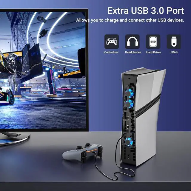 Alt view image 6 of 7 - WERLEO PS5 Pro Fan with USB Port & Blue LED Lights, Triple High-Speed Fans for Efficient Cooling, Quiet Operation, Adjustable Speed, Premium PS5 Pro Cooling Fan & Must-Have PS5 Pro Accessories
