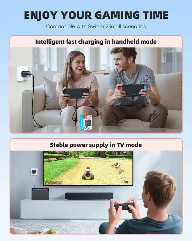 Alt view image 2 of 6 - WERLEO 60W Fast Charger for Nintendo Switch 2 AC Adapter with 4.9FT Detachable Charging Cable, Support 4K TV Dock Mode, PD 3.0 Power Supply 20V/3A Gamecube Games[Official Switch 2 Charger Replacement]