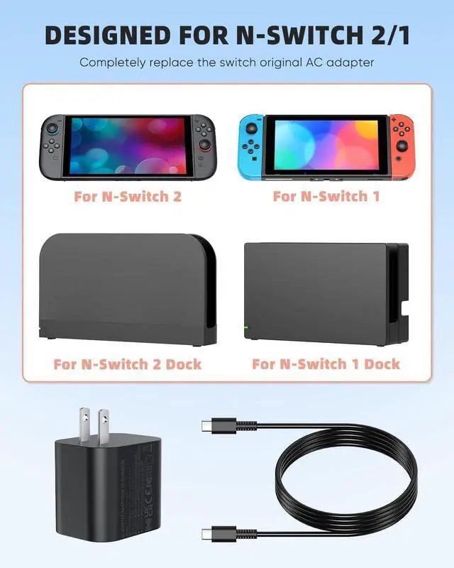 Alt view image 4 of 6 - WERLEO 60W Fast Charger for Nintendo Switch 2 AC Adapter with 4.9FT Detachable Charging Cable, Support 4K TV Dock Mode, PD 3.0 Power Supply 20V/3A Gamecube Games[Official Switch 2 Charger Replacement]