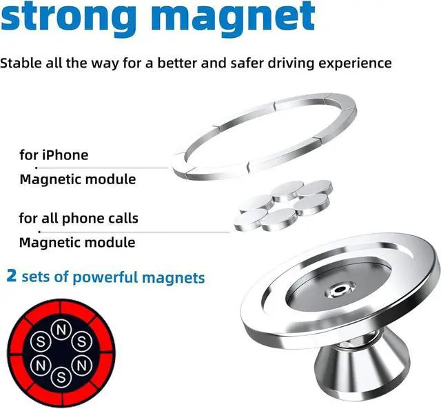 Alt view image 2 of 7 - BONAEVER Magnetic Phone Holder for Car, [ 2 Groups Super Strong Magnet ] [ 360° Rotation ] Universal Dashboard Car Mount Holder Compatible with All Smartphones Silver