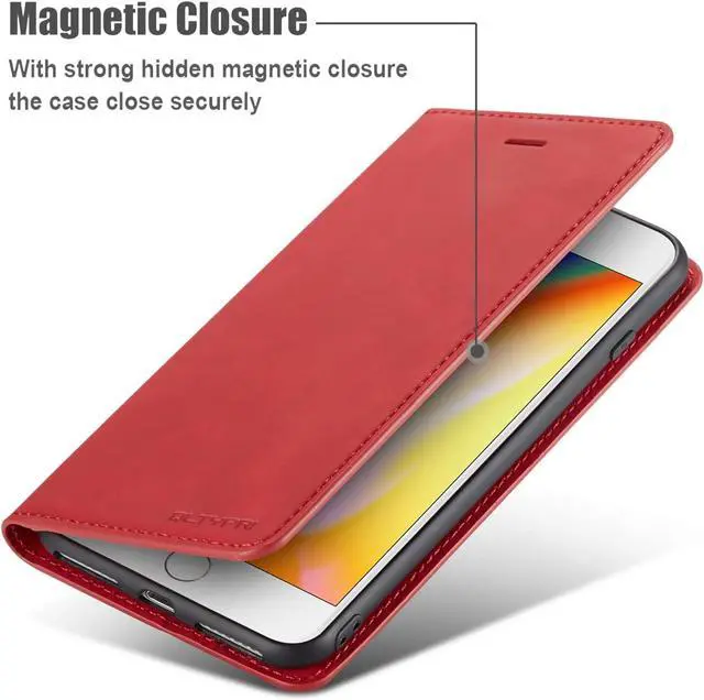 Alt view image 5 of 6 - WERLEO Case for iPhone SE 2022 5G/SE 2020/8/7, Premium PU Leather Cover TPU Bumper with Card Holder Kickstand Magnetic Adsorption Flip Wallet Case Red