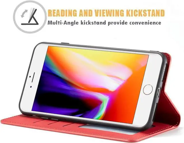 Alt view image 4 of 6 - WERLEO Case for iPhone SE 2022 5G/SE 2020/8/7, Premium PU Leather Cover TPU Bumper with Card Holder Kickstand Magnetic Adsorption Flip Wallet Case Red