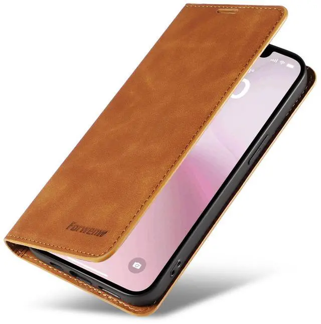 Alt view image 6 of 7 - WERLEO for iPhone 16e Case, Premium PU Leather Cover TPU Bumper with Card Holder Kickstand Hidden Magnetic Adsorption Shockproof Flip Wallet Cover Brown