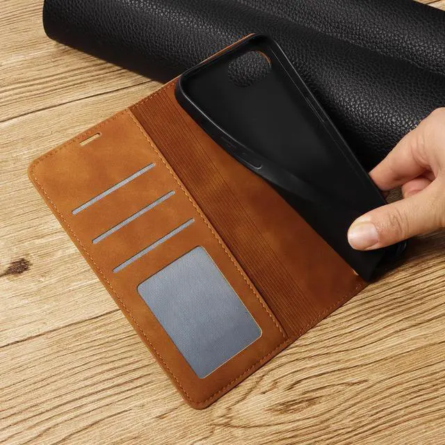 Alt view image 4 of 7 - WERLEO for iPhone 16e Case, Premium PU Leather Cover TPU Bumper with Card Holder Kickstand Hidden Magnetic Adsorption Shockproof Flip Wallet Cover Brown