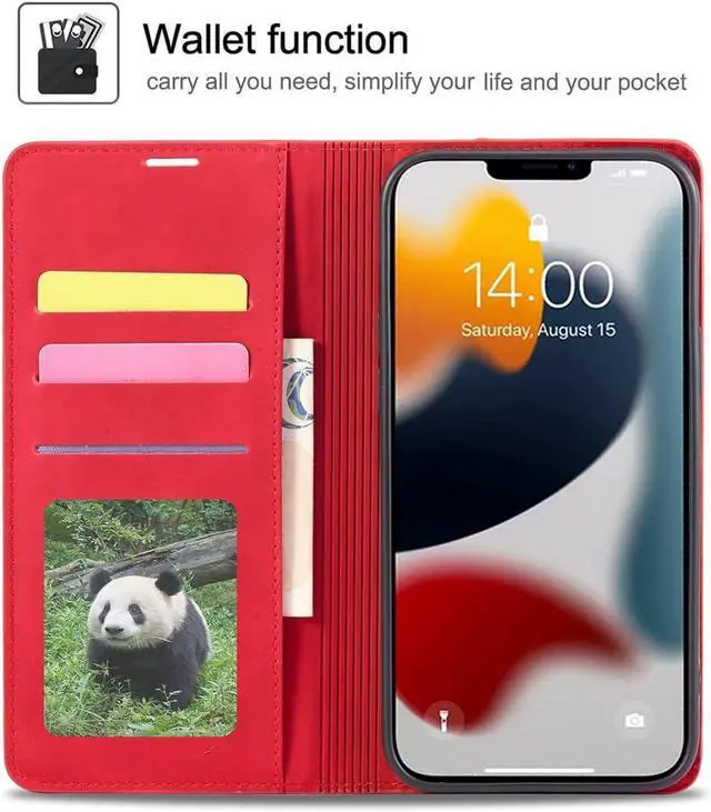Alt view image 2 of 7 - WERLEO for iPhone 16e Case, Premium PU Leather Cover TPU Bumper with Card Holder Kickstand Hidden Magnetic Adsorption Shockproof Flip Wallet Cover Red