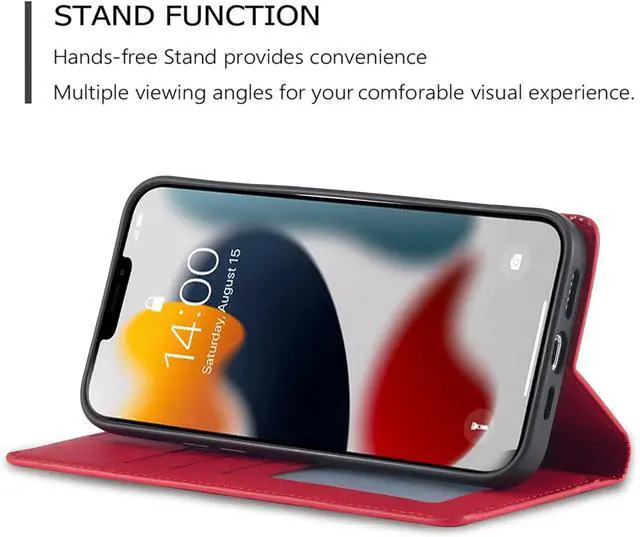 Alt view image 3 of 7 - WERLEO for iPhone 16e Case, Premium PU Leather Cover TPU Bumper with Card Holder Kickstand Hidden Magnetic Adsorption Shockproof Flip Wallet Cover Red