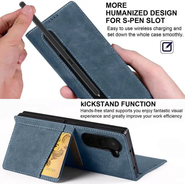 Alt view image 3 of 6 - WERLEO Case for Samsung Galaxy Z Fold 5 5G, Premium PU Leather Phone Cover with Card Holder, S Pen Holder, Stand, Shockproof Flip Wallet Cover Blue