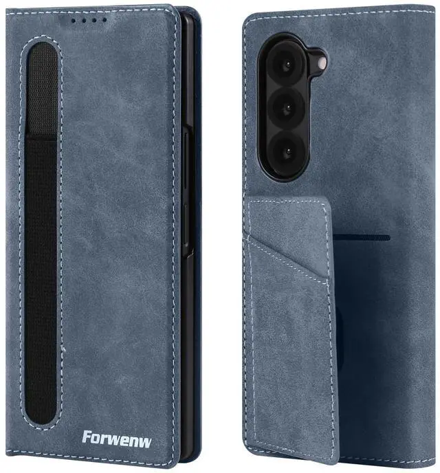 Main image of WERLEO Case for Samsung Galaxy Z Fold 5 5G, Premium PU Leather Phone Cover with Card Holder, S Pen Holder, Stand, Shockproof Flip Wallet Cover Blue