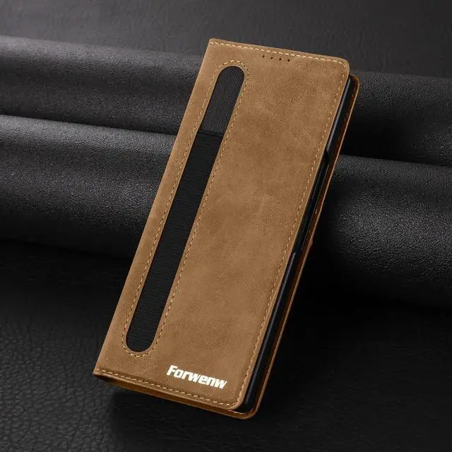 Alt view image 4 of 6 - WERLEO Case for Samsung Galaxy Z Fold 5 5G, Premium PU Leather Phone Cover with Card Holder, S Pen Holder, Stand, Shockproof Flip Wallet Cover Brown