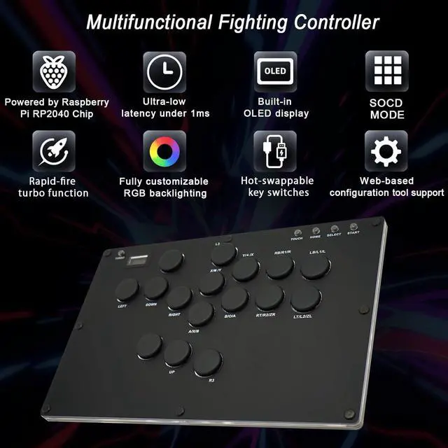 Alt view image 2 of 7 - WERLEO MS1 Leverless Controller - Matte Black Panel Anti-Sweat Fighting Game Arcade Stick - 16-Key All-Button, Low-Profile Switches, RGB Turbo - PC/PS4/PS3/Switch/Steam