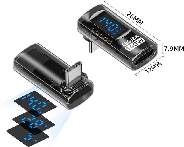 Alt view image 6 of 6 - WERLEO 2 Pack USB C Adapter with Digital Display, 90 Degree Right Angle 140W USB-C Male to Female Connector for ROG Ally, Steam Deck and More, Support Voltage, Current and Power Smart LED Display