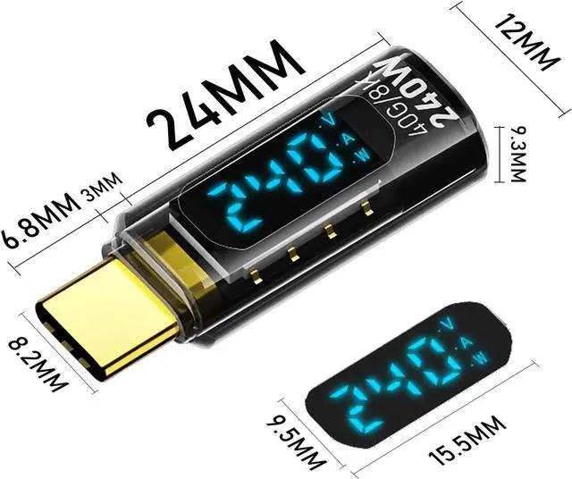 Alt view image 6 of 6 - WERLEO 2 Pack USB C Adapter with Digital Display, PD 240W USB-C Male to Female Connector for iPhone 15 Series, iPad, MacBook, Support Voltage, Current and Power Smart LED Display