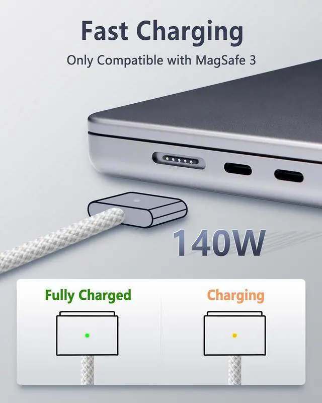 Alt view image 4 of 7 - 140W USB C to Magnetic 3 Safe Charging Cable (2 M/6.6 ft) for M4 MacBook Air Pro Charger, Magnetic Charger Cord for MacBook Pro (16"/14"2024/2023/2021), Air (15"/13"M4 2025, M3 2024, M2 2023, M2 2022)