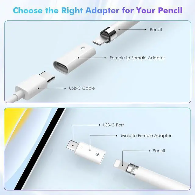 Alt view image 6 of 7 - WERLEO 2 Pack Charging Adapter for Apple Pencil 1, USB-C to Apple Pencil Adapter + Female to Female Charger Connector, USB-C ChargerAdapter for iPad 10, No Bluetooth Pairing Only Charging, White