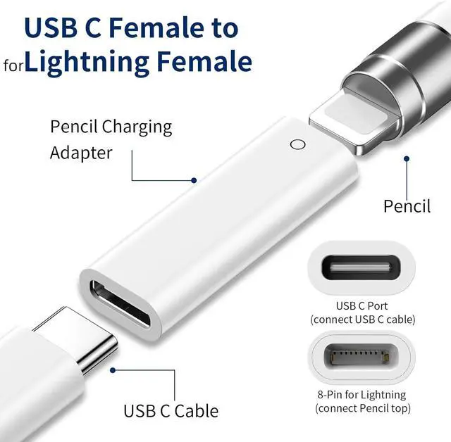 Alt view image 2 of 7 - WERLEO 3-Pack USB C to Pencil 1st Gen Adapter Type C Female for Lightning Female Adapter for iPad 10 + iPencil Stylus Nib Tip for Apple Pencil + Magnetic Top Cover Replacement Cap for Apple Pen 1 Gene
