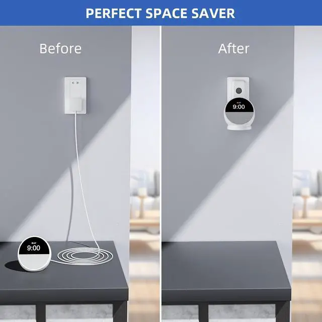 Alt view image 6 of 7 - Wall Mount Stand for Echo Spot 2024, Outlet Hanger Stand with Built-in Cable Management, Hide Messy Wires Wall Holder, Space Saving Holder for Echo Spot,No Screws and Drill Needed White