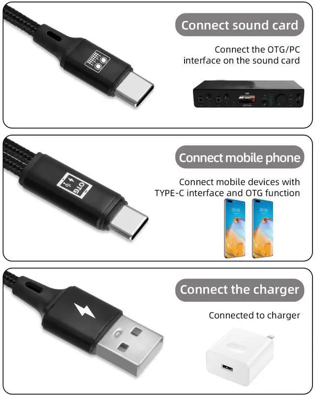 Alt view image 4 of 7 - WERLEO USB C OTG Sound Card Cable, USB C to Type C Male Audio Port with USB A Male Charging Port for Sound Card, Live Broadcast, Recording, Karaoke