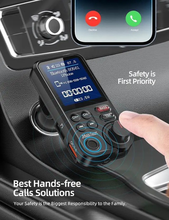 Alt view image 6 of 7 - WERLEO FM Bluetooth Transmitter for Car, Strong Microphone Bluetooth Car Adapter with 1.8" Color Screen for Hands-Free Calls, Supports QC3.0 Charging, Treble and Bass Sound Music Player