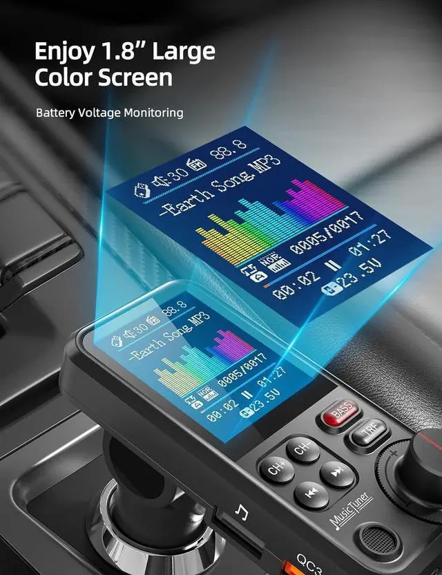 Alt view image 4 of 7 - WERLEO FM Bluetooth Transmitter for Car, Strong Microphone Bluetooth Car Adapter with 1.8" Color Screen for Hands-Free Calls, Supports QC3.0 Charging, Treble and Bass Sound Music Player