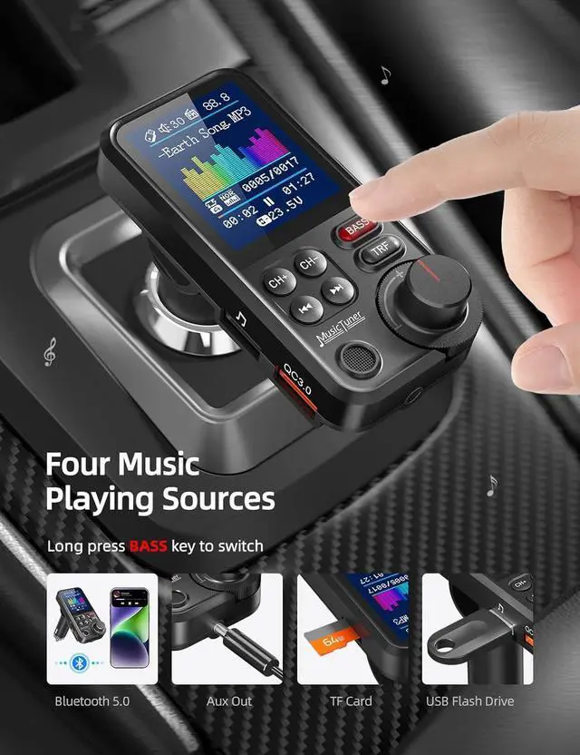 Alt view image 5 of 7 - WERLEO FM Bluetooth Transmitter for Car, Strong Microphone Bluetooth Car Adapter with 1.8" Color Screen for Hands-Free Calls, Supports QC3.0 Charging, Treble and Bass Sound Music Player