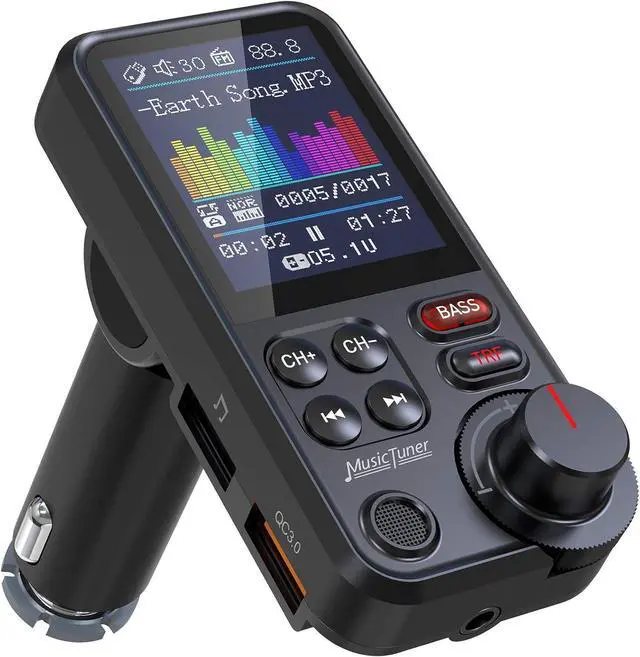 Main image of WERLEO FM Bluetooth Transmitter for Car, Strong Microphone Bluetooth Car Adapter with 1.8" Color Screen for Hands-Free Calls, Supports QC3.0 Charging, Treble and Bass Sound Music Player