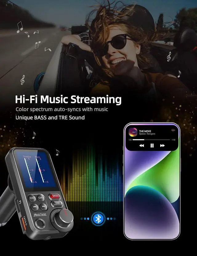 Alt view image 3 of 7 - WERLEO FM Bluetooth Transmitter for Car, Strong Microphone Bluetooth Car Adapter with 1.8" Color Screen for Hands-Free Calls, Supports QC3.0 Charging, Treble and Bass Sound Music Player