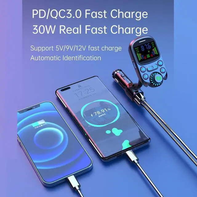 Alt view image 3 of 7 - WERLEO Bluetooth FM Transmitter for Car 1.5" Color Screen Display Wireless Handsfree Radio Transmitter Car Charger Adapter Support TF Card USB Flash Drive 48W PD/ QC3.0 Dual USB Charging