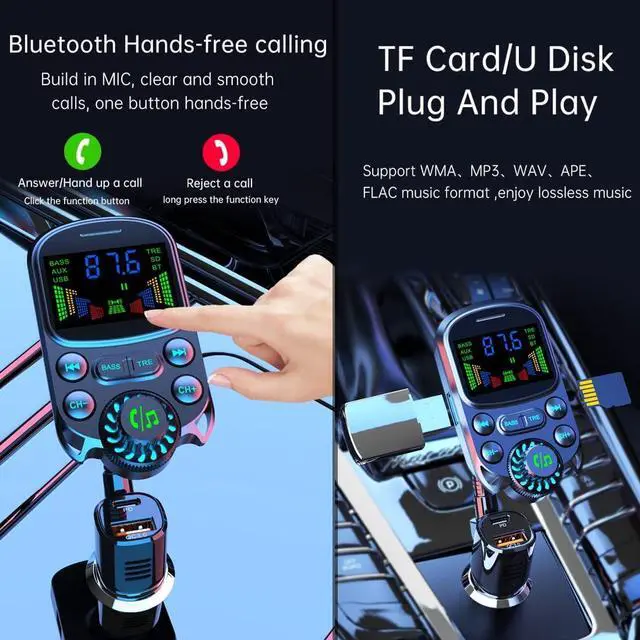 Alt view image 6 of 7 - WERLEO Bluetooth FM Transmitter for Car 1.5" Color Screen Display Wireless Handsfree Radio Transmitter Car Charger Adapter Support TF Card USB Flash Drive 48W PD/ QC3.0 Dual USB Charging