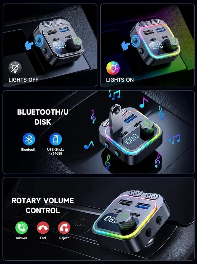 Alt view image 7 of 7 - WERLEO 60W Bluetooth 5.4 FM Transmitter Car Adapter [Reinforced Dual Mics & Deep Bass] [Dual PD 60W & QC3.0] Fast Charging Handsfree Calling Wireless Radio Bluetooth Transmitter for Car