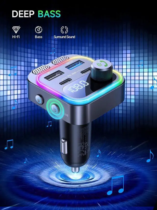 Alt view image 6 of 7 - WERLEO 60W Bluetooth 5.4 FM Transmitter Car Adapter [Reinforced Dual Mics & Deep Bass] [Dual PD 60W & QC3.0] Fast Charging Handsfree Calling Wireless Radio Bluetooth Transmitter for Car