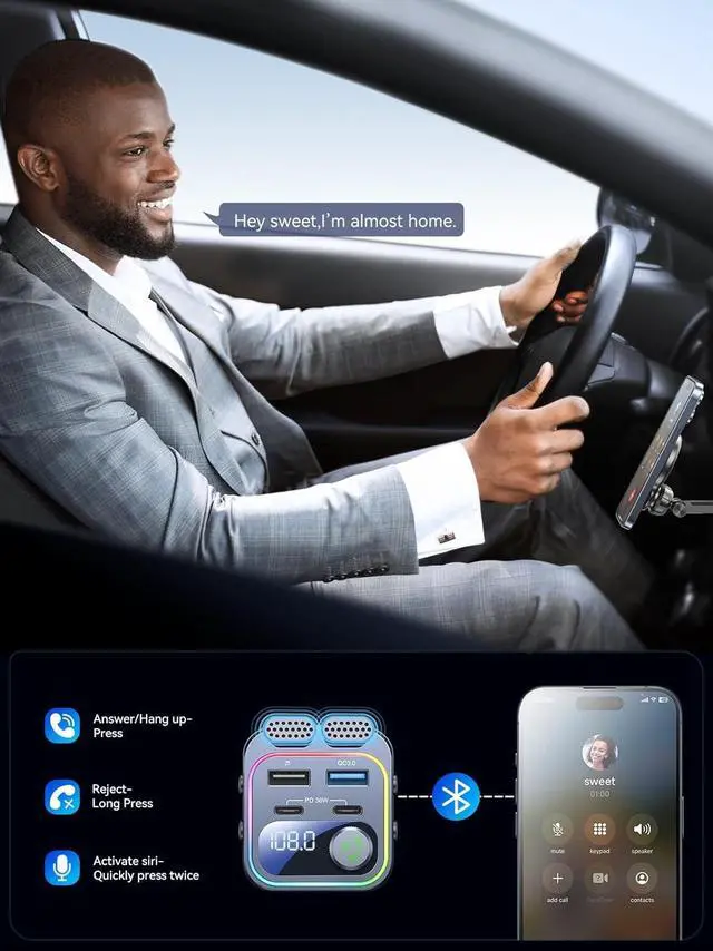 Alt view image 4 of 7 - WERLEO 60W Bluetooth 5.4 FM Transmitter Car Adapter [Reinforced Dual Mics & Deep Bass] [Dual PD 60W & QC3.0] Fast Charging Handsfree Calling Wireless Radio Bluetooth Transmitter for Car