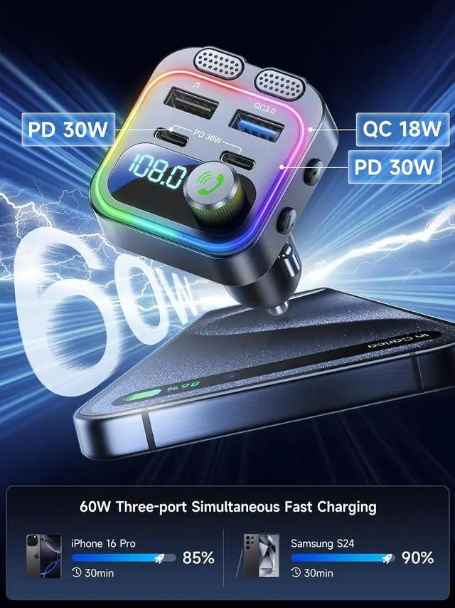 Alt view image 3 of 7 - WERLEO 60W Bluetooth 5.4 FM Transmitter Car Adapter [Reinforced Dual Mics & Deep Bass] [Dual PD 60W & QC3.0] Fast Charging Handsfree Calling Wireless Radio Bluetooth Transmitter for Car