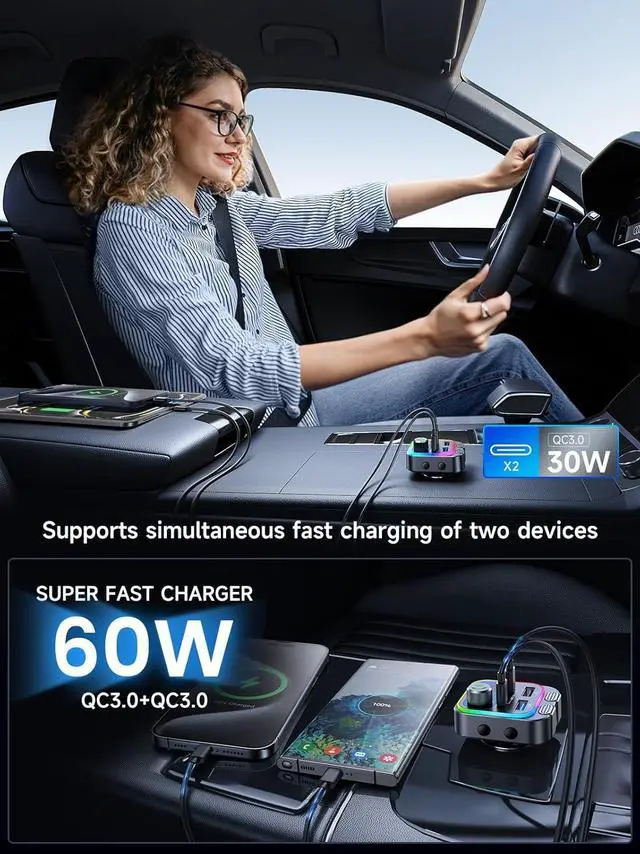 Alt view image 5 of 7 - WERLEO 60W Bluetooth 5.4 FM Transmitter Car Adapter [Reinforced Dual Mics & Deep Bass] [Dual PD 60W & QC3.0] Fast Charging Handsfree Calling Wireless Radio Bluetooth Transmitter for Car