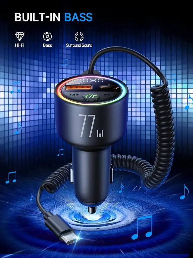 Alt view image 6 of 7 - WERLEO 77W Bluetooth 5.4 FM Transmitter Car Adapter [PD3.0 65W+12W Fast Charging] Bluetooth Car Adapter [Deep Bass&Lossless Call Sound] Radio Bluetooth Transmitter for Car HiFi Mic & Colors LED Displa