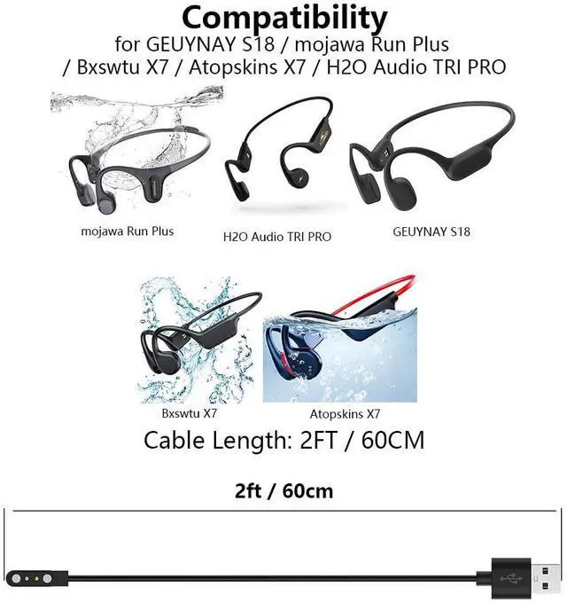 Alt view image 4 of 5 - WERLEO [2 Pack] Charger Compatible with GEUYNAY S18 / mojawa Run Plus/Bxswtu X7 / Atopskins X7 / H2O Audio TRI PRO Bone Conduction Headphones, 2FT Replacement USB Charging Magnetic Cable Cord
