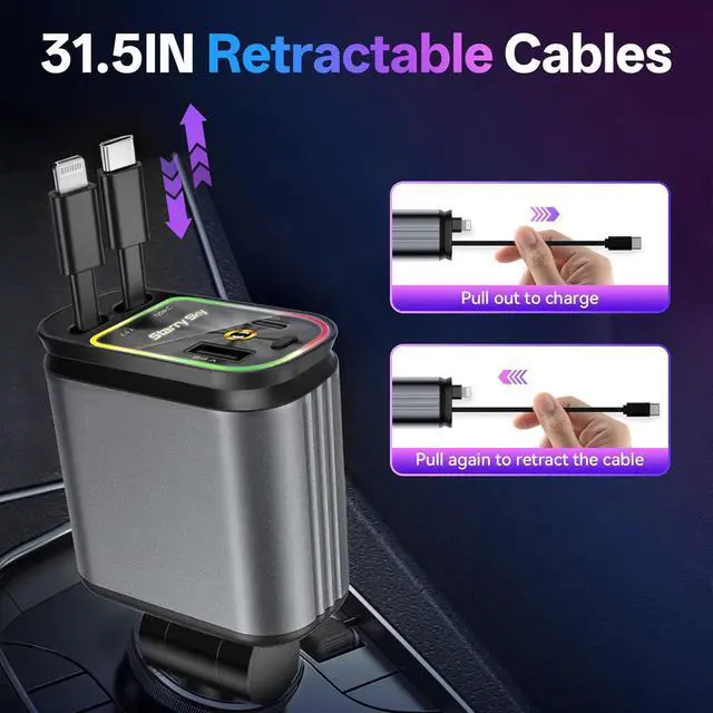 Alt view image 3 of 6 - WERLEO Retractable Car Charger with Starlight, 4 in 1 Car Phone Charger Compatible with iPhone 17/16/15/14/13/12/11/X,Galaxy,Pixel