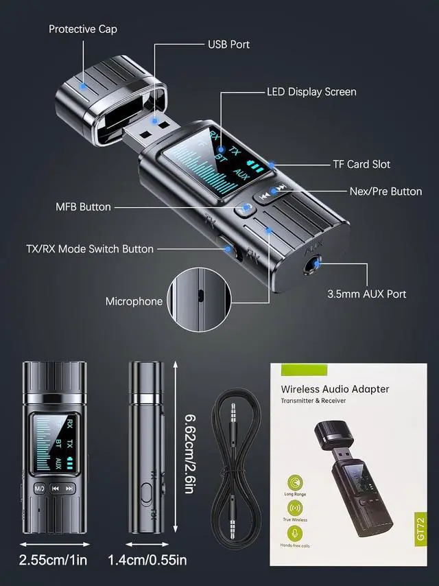Alt view image 7 of 7 - WERLEO USB Bluetooth 5.4 Transmitter Receiver, 2 in 1 Mini Wireless Audio Adapter, 3.5mm Bluetooth AUX Adapter for TV PC Speakers Car/Home Stereo System, USB Power Supply