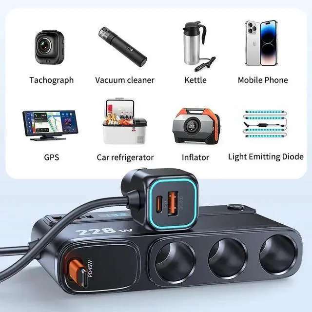 Alt view image 3 of 7 - WERLEO 228W 9 in 1 Car Fast Charger Adapter Charge Independent Switches DC Cigarette Outlet PD 3 Socket Cigarette Lighter Splitter