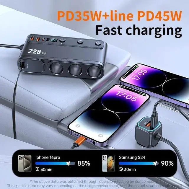 Alt view image 4 of 7 - WERLEO 228W 9 in 1 Car Fast Charger Adapter Charge Independent Switches DC Cigarette Outlet PD 3 Socket Cigarette Lighter Splitter