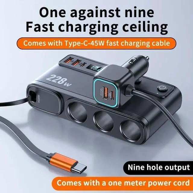 Alt view image 6 of 7 - WERLEO 228W 9 in 1 Car Fast Charger Adapter Charge Independent Switches DC Cigarette Outlet PD 3 Socket Cigarette Lighter Splitter