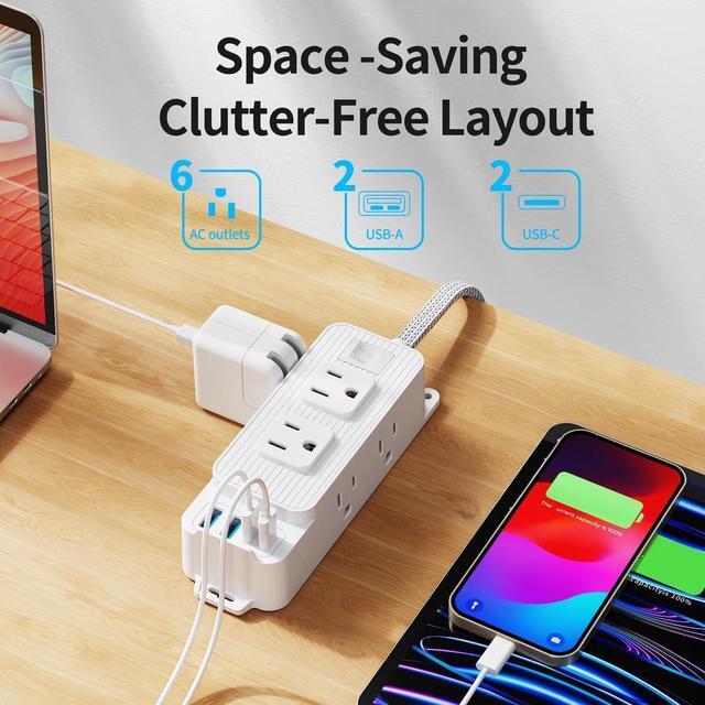Alt view image 4 of 7 - WERLEO Power Strip Surge Protector - 6 Outlets and 4 USB (2 USB C), 5Ft Braided Cord with Ultra Thin Flat Plug, Wall Mount, 3-Side Outlet Extender, Compact for Travel, Cruise Ship, Dorm Room
