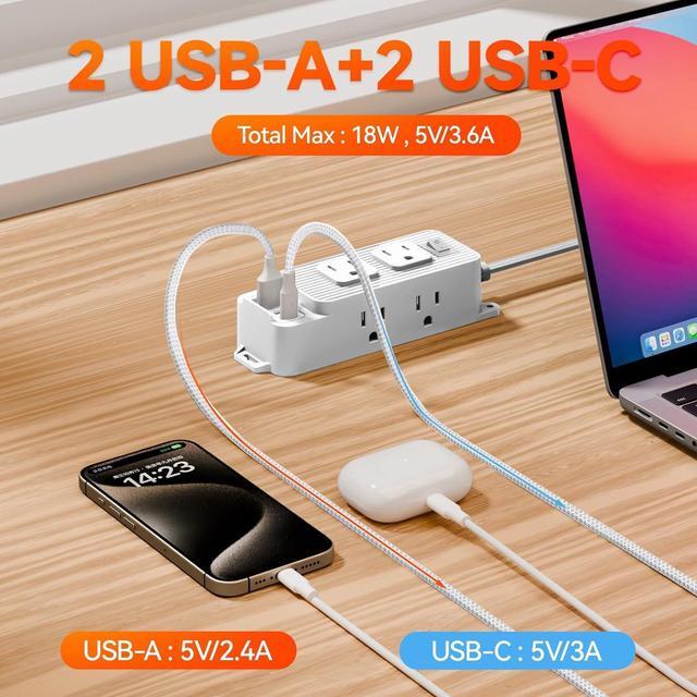 Alt view image 7 of 7 - WERLEO Power Strip Surge Protector - 6 Outlets and 4 USB (2 USB C), 5Ft Braided Cord with Ultra Thin Flat Plug, Wall Mount, 3-Side Outlet Extender, Compact for Travel, Cruise Ship, Dorm Room