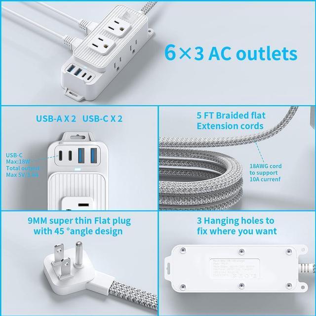 Alt view image 3 of 7 - WERLEO Power Strip Surge Protector - 6 Outlets and 4 USB (2 USB C), 5Ft Braided Cord with Ultra Thin Flat Plug, Wall Mount, 3-Side Outlet Extender, Compact for Travel, Cruise Ship, Dorm Room