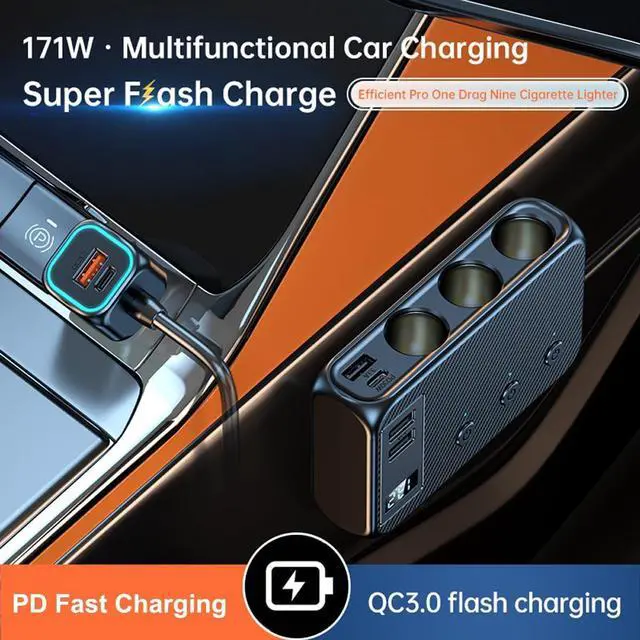 Alt view image 6 of 7 - WERLEO Car Cigarette Lighter Adapter Splitter, 9 in 1 Cigarette Lighter USB Charger 3 Socket USB C Car Charger Adapter with Voltmeter 12V/24V 171W Plug Outlet Fast Charging for Phone Laptop Car