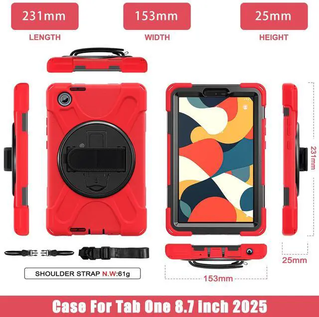 Alt view image 2 of 7 - WERLEO Case for Lenovo Tab One 8.7 inch 2025 / Tab K9 8.7" 2025 TB305XU TB305FU Shockproof Cover with Screen Protector + Rotating Hand Strap & Stand + Shoulder Strap + Universal Stylus Pen Red